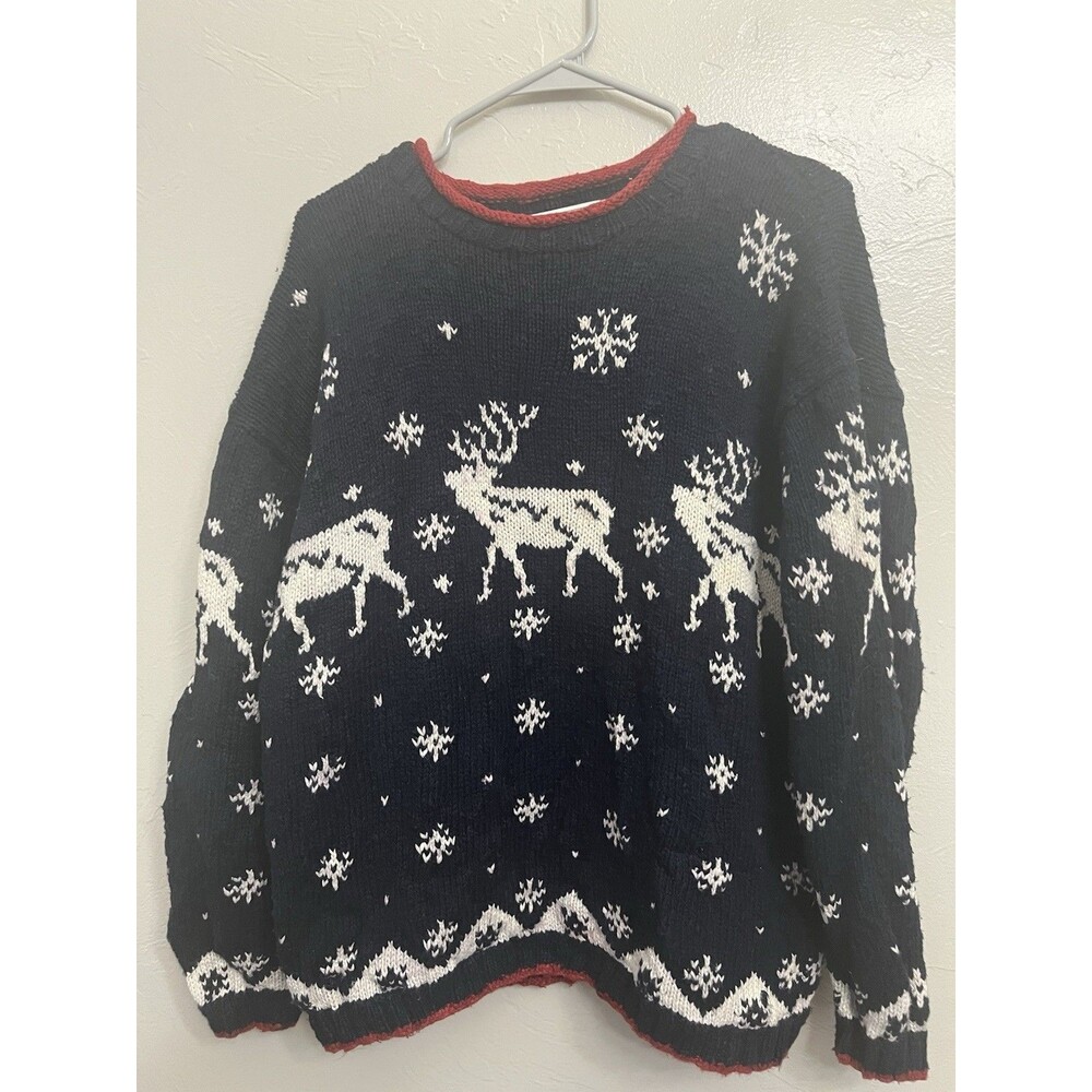 Vintage Jones New York Sweater Womens Large Wool Reindeer Deer  Hand Knit Top